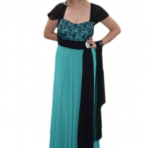 Rochie deosebita de gala, lunga, pe fond turcoaz cu insertii negre - Img 1