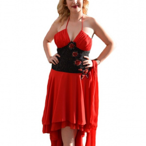 Rochie deosebita de seara, pe rosu cu insertie neagra de paiete - Img 1