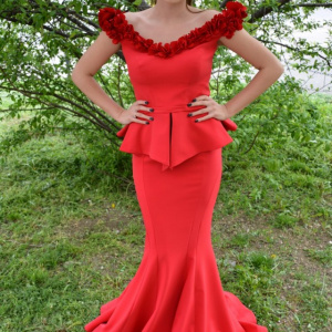 Rochie deosebita de seara, rosie, tip sirena cu peplum in talie - Img 2