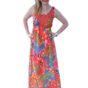 Rochie deosebita de vara, nuanta corai cu flori mari colorate - Img 1