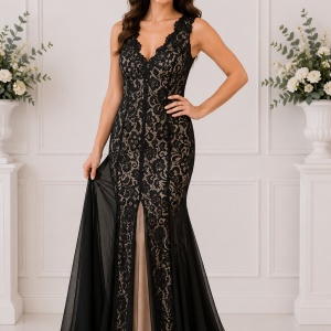 Rochie din dantela neagra pe fond crem, model tip sirena