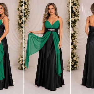 Rochie din saten negru cu detalii din voal verde, model lung - Img 3
