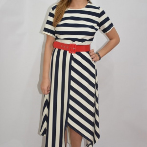 Rochie eleganta, alba cu dungi bleumarin, curea rosie lata - Img 2