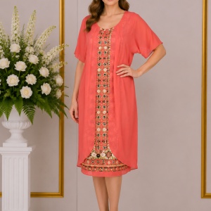 Rochie eleganta, corai, cu imprimeu animal print si floral