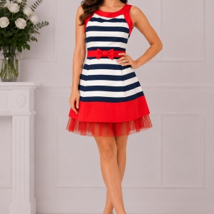 Rochie eleganta, cu dungi bleumarin-albe si contur rosu