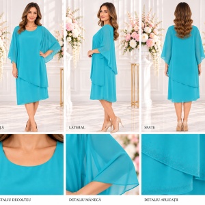 Rochie eleganta din material elastic si voal lejer aplicat, turcoaz - Img 2