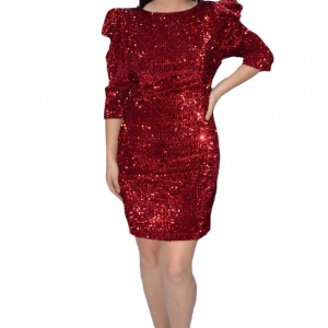 Rochie eleganta Liana cu paiete si maneci bufante,rosu