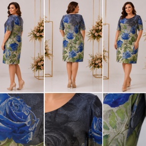 Rochie elegantă mărimi mari cu imprimeu floral și trandafiri albaștri - Img 2
