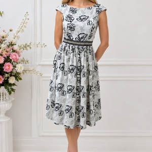 Rochie eleganta, pe gri cu imprimeu floral conturat cu negru