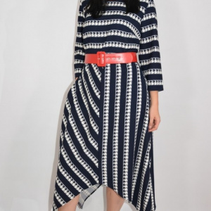 Rochie eleganta Zoey .model cu dungi pepit si croi asimetric,nuanta de bleumarin - Img 4
