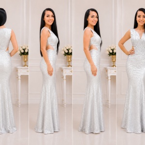 Rochie fashion de culoare argintie, model lung cu decupaje - Img 2