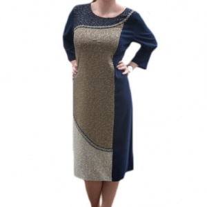 Rochie fashion de culoare bleumarin combinata cu insertii aurii - Img 1