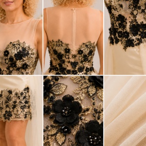 Rochie fashion de ocazie, crem cu aplicatii de broderie neagra - Img 3