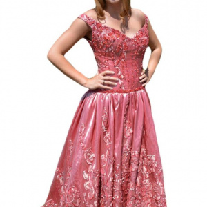 Rochie fashion de seara, nuanta de roz cu margele aplicate - Img 1