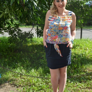 Rochie feminina,cu imprimeu si fusta din in, bleumarin - Img 3
