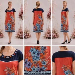 Rochie feminina, de culoare corai- bleumarin, cu imprimeu floralsi scoici - Img 2