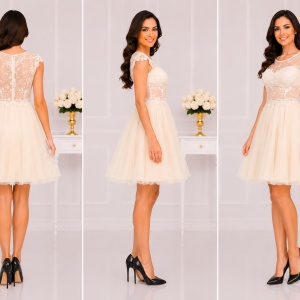 Rochie fina, bej, cu tul brodat si transparent in partea de sus - Img 3