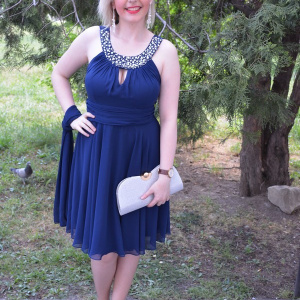 Rochie fina de culoare bleumarin, model scurt de gala, din voal - Img 2