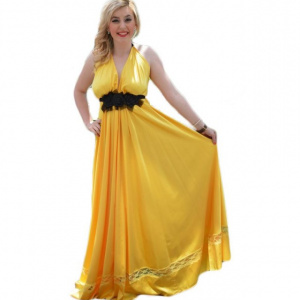 Rochie galbena, lunga de seara, din material satinat, cu insertii - Img 1