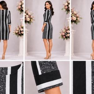 Rochie gri elegantă cu dungi verticale alb-negru, croi cambrat și mâneci 3/4 - Img 2