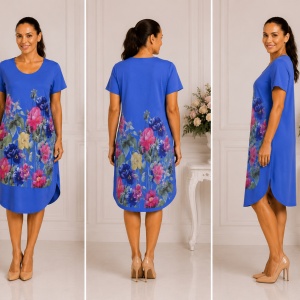 Rochie lejeră din in și bumbac cu imprimeu floral – albastru, croi confortabil de vară - Img 2