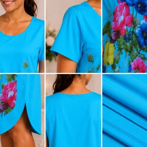 Rochie lejeră din in și bumbac cu imprimeu floral – albastru deschis, croi confortabil de vară - Img 3