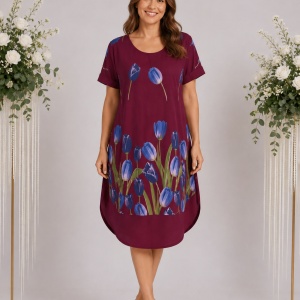 Rochie lejeră din in și bumbac cu imprimeu floral – bordo, croi confortabil de vară