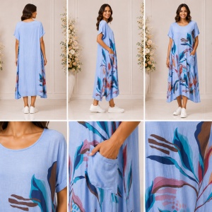 Rochie lungă albastru deschis cu imprimeu floral abstract și buzunar lateral - Img 2