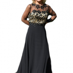 Rochie lunga de seara cu broderie florala 3D, culoare neagra - Img 1