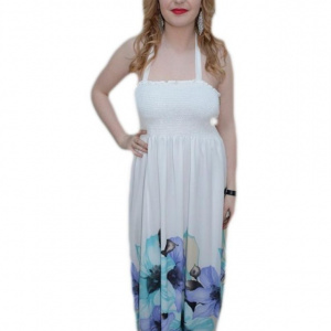 Rochie lunga de vara, culoare alba, design floral in partea de jos - Img 1