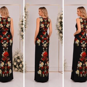 Rochie lunga de zi, culoare neagra cu imprimeu realist de flori - Img 2