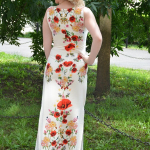 Rochie lunga de zi din in, de culoare bej cu imprimeu floral - Img 5