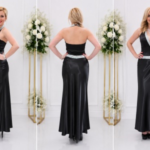 Rochie lunga din saten, de culoare neagra, cu decolteu adanc - Img 3