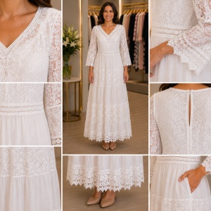 Rochie Lungă Elegantă din Dantelă Albă cu Mâneci 3/4 și Decolteu în V - Img 3