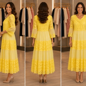 Rochie Lungă Elegantă din Dantelă Galbena cu Mâneci 3/4 și Decolteu în V - Img 2