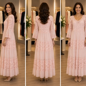 Rochie Lungă Elegantă din Dantelă Roz cu Mâneci 3/4 și Decolteu în V - Img 2