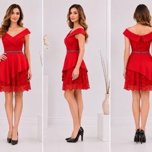 Rochie Makenzie cu insertii de dantela,nuanat de rosu - Img 3