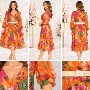 Rochie midi elegantă portocalie cu imprimeu floral și curea crem - Img 2