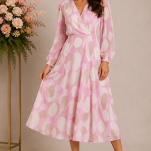 Rochie midi roz cu imprimeu abstract și decolteu petrecut