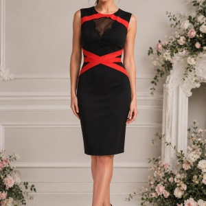 Rochie moderna, de culoare neagra, combinata cu fasii rosii