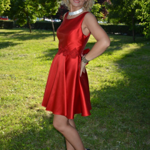 Rochie moderna de seara cu pliuri mari in talie, culoare rosie - Img 3
