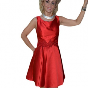 Rochie moderna de seara cu pliuri mari in talie, culoare rosie - Img 1