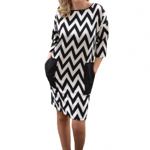 Rochie moderna, scurta, nuanta negru-alb, cu buzunare mari - Img 1