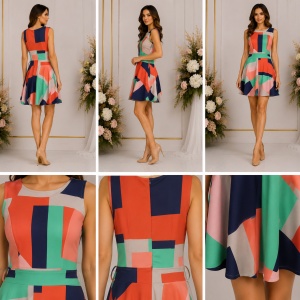 Rochie multicolor elegantă cu imprimeu geometric și croială cloș - Img 2