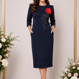 Rochie neagra cu maneci trei-sferturi prevazuta cu broderie