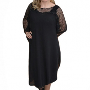 Rochie neagra de ocazie, din material elastic lucios si voal peste - Img 1