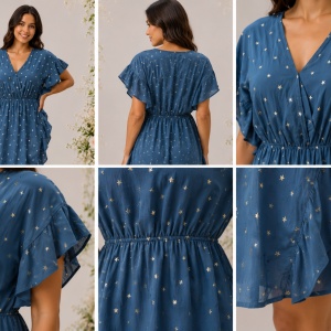 Rochie Paula, din bumbac, imprimeu cu stelute, nuanta bleumarin - Img 3