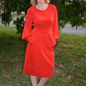 Rochie rafinata, de culoare rosu, maneca lunga, centura in talie - Img 5