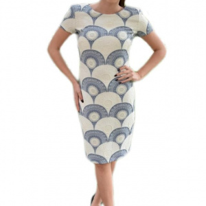 Rochie rafinata de zi cu imprimeu bleumarin-bej in tesatura - Img 1