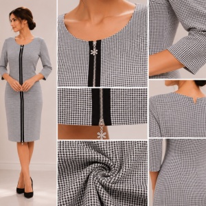 Rochie rafinata de zi cu model pepit, alb-negru, cu fermoar in fata - Img 3